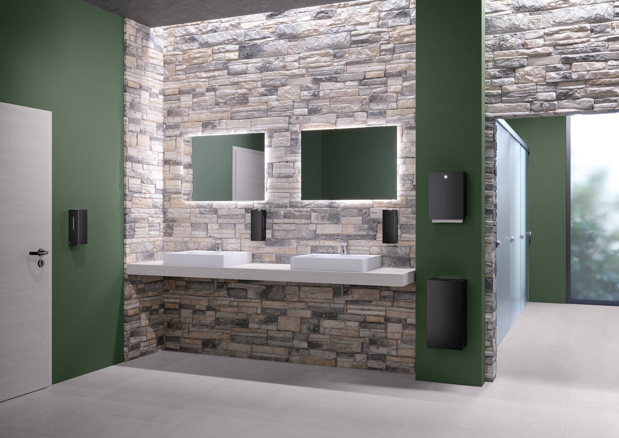 Public WC equipped with soap, disinfectant and paper towel dispensers in matt black