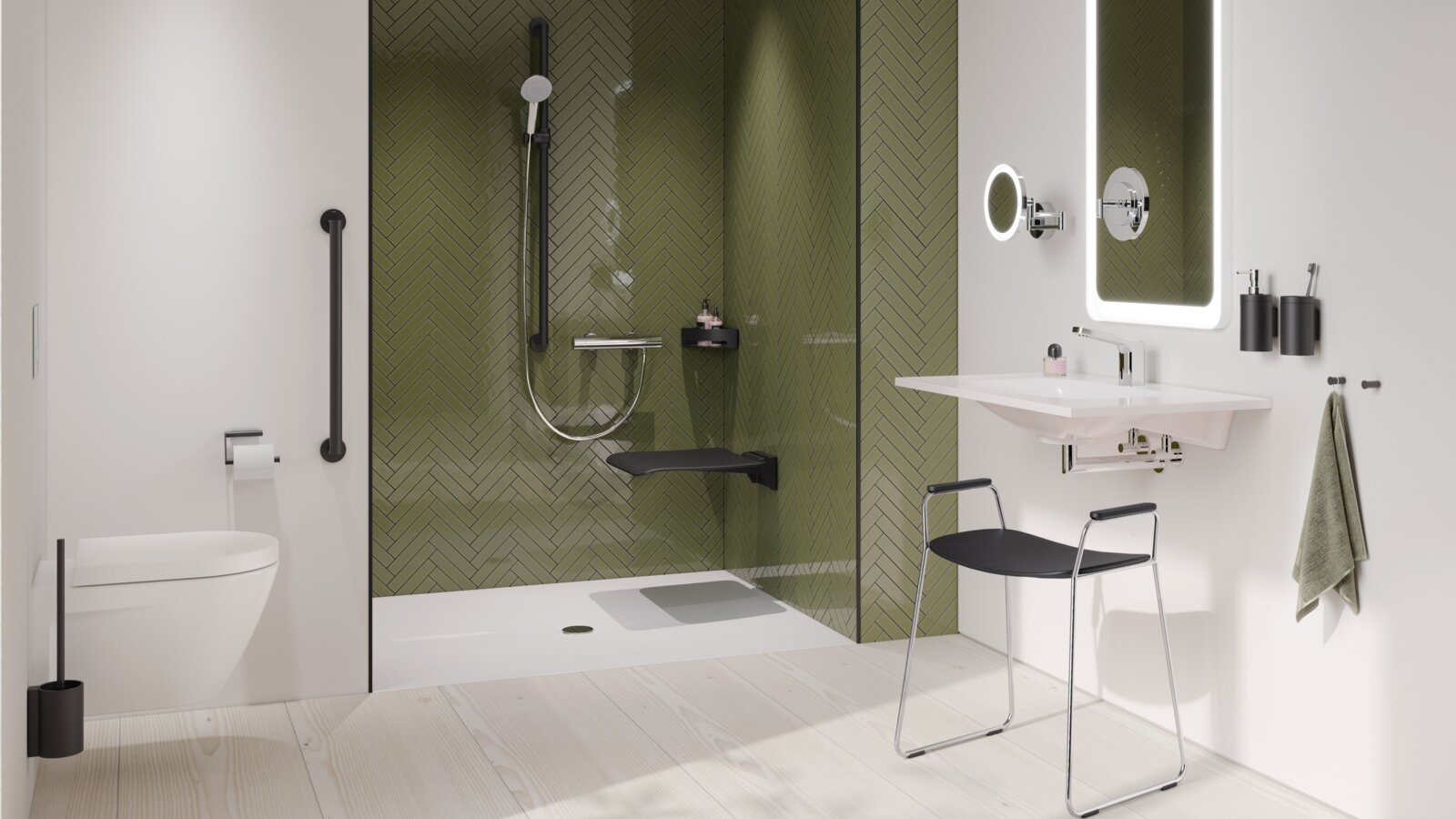 Barrier-free bathroom with washbasin, shower area and WC